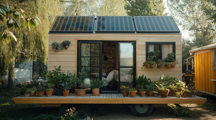 Tiny sustainable home on wheels with solar panels and potted plants, soft morning sunlight creating shadows