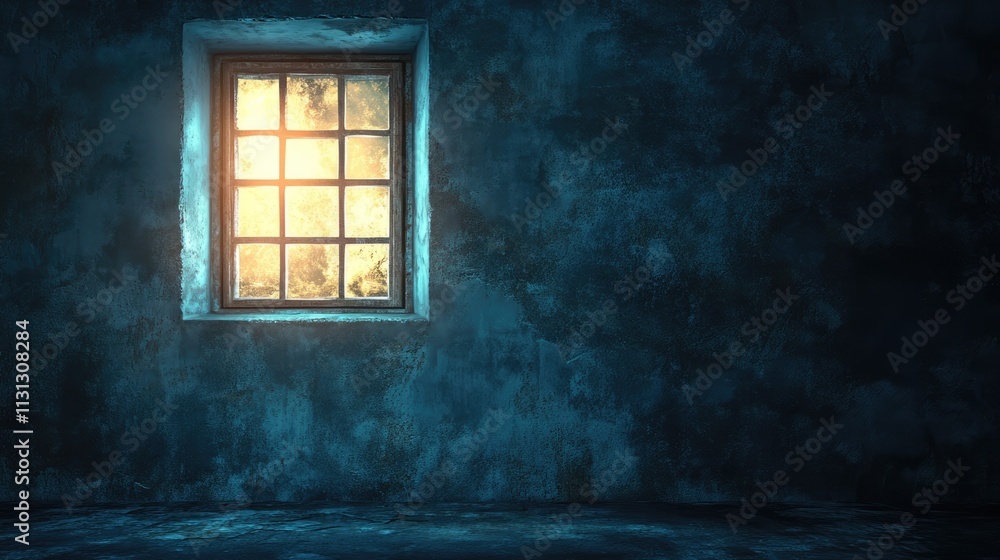 Poster glowing window on an aged wall casting warm light in a dim room with empty space for text or brandin
