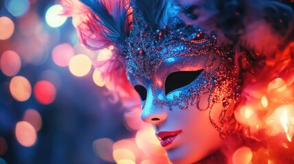 Fototapeta premium Elegant fantasy mask against vibrant bokeh lights creating a mesmerizing and whimsical atmosphere for festive celebrations and artistic themes.