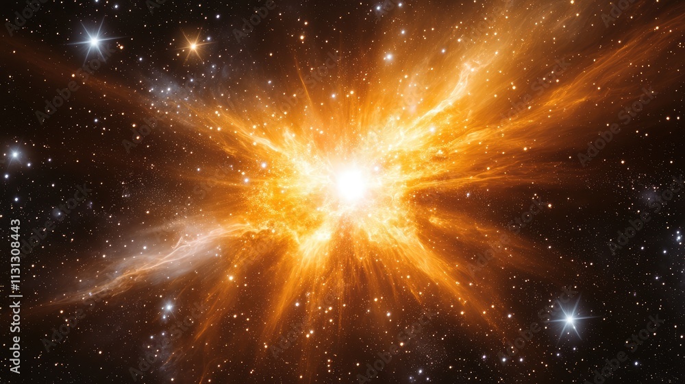 Poster cosmic explosion background showcasing vibrant orange nebula with shimmering stars and stardust in a