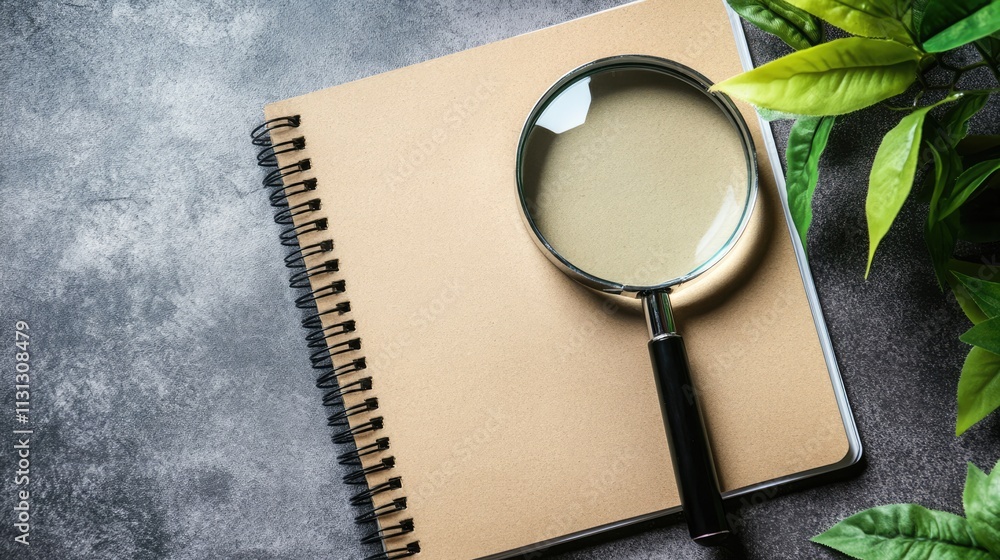 Poster Magnifying glass on a blank notebook beside green leaves on a textured background with ample space for text and creative ideas