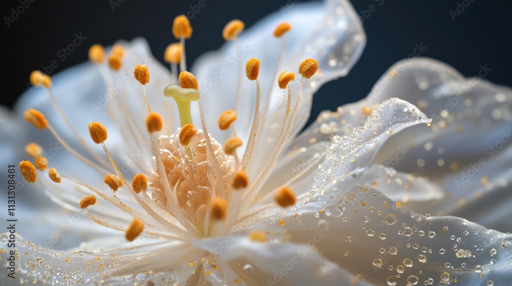 Poster close-up of lily flower stamen with dew drops showcasing intricate details and textures against a bl