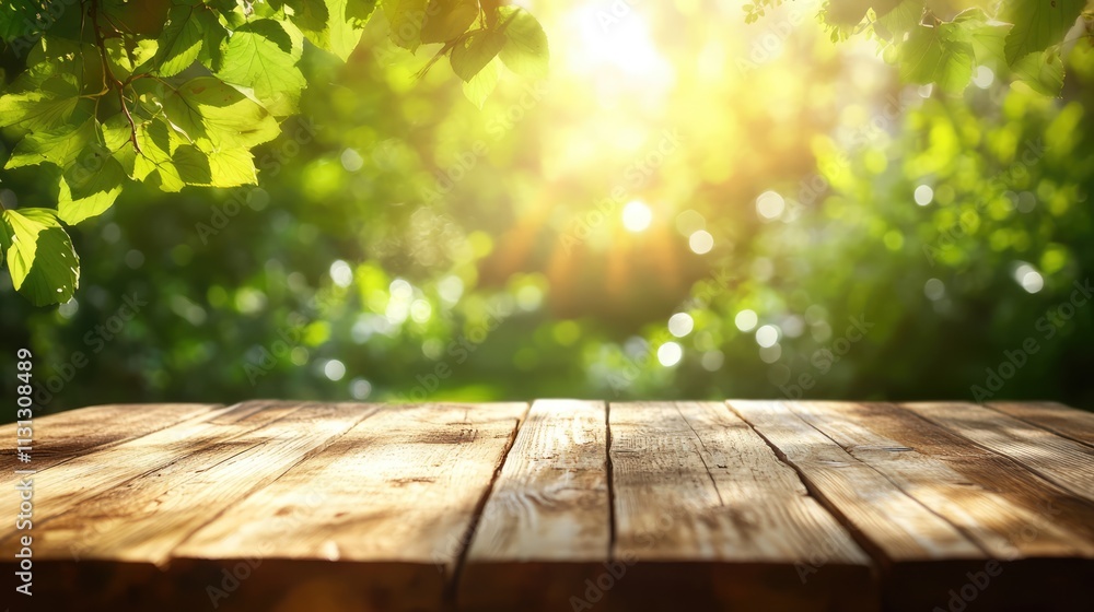 Aufkleber sunlit wooden table with a bright kitchen background featuring bokeh effects and greenery, creating 