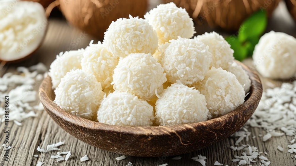Poster delicious white coconut sweets arranged in a wooden bowl surrounded by coconut shells and shavings o