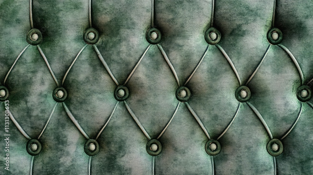Poster green velvet tufted fabric background with diamond pattern and buttons in retro style close up view 