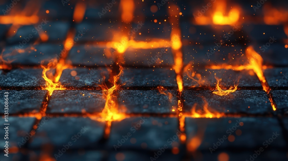 Poster illuminated embers on gridded surface with dynamic sparks and glowing intervals in dark setting