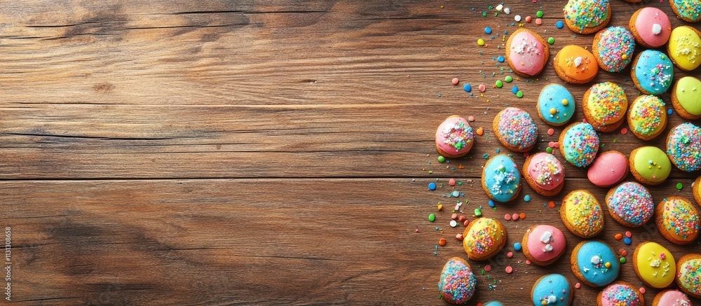 Poster colorful easter cookies with vibrant sprinkles arranged on a rustic wooden background creating a fes