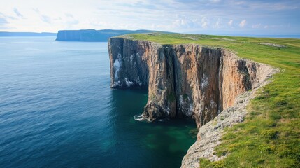 Scenic coastal cliffs with vibrant green landscape and tranquil blue sea under a clear sky on a sunny day in a remote island setting