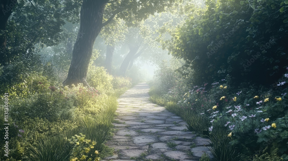 Poster serene footpath winding through a lush green park with trees and soft morning light filtering throug