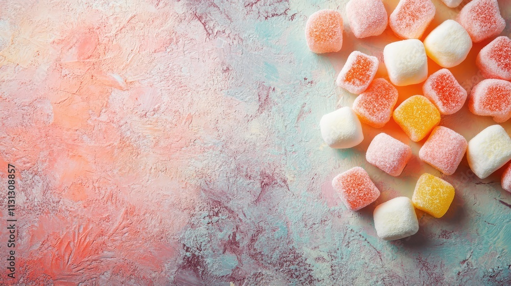 Poster colorful marshmallows scattered on a textured pastel background ideal for winter snacks and party tr