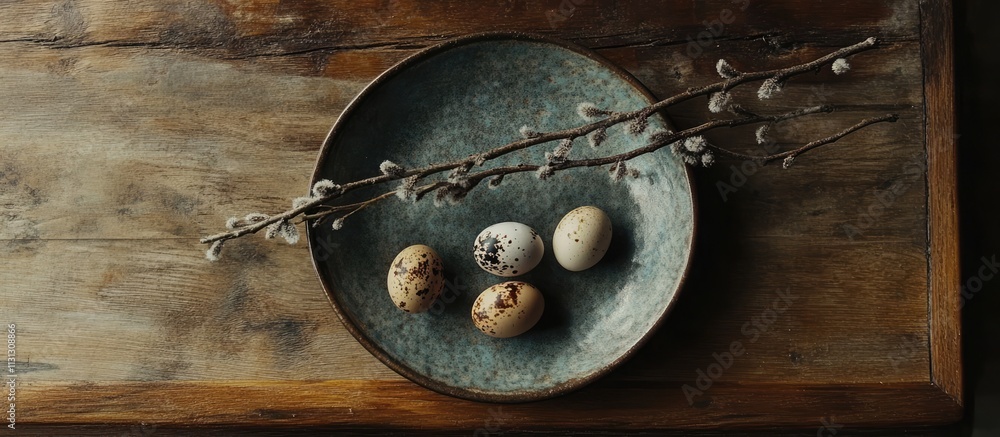 Aufkleber decorative plate with assorted easter eggs and willow branches on wooden surface creating a rustic s