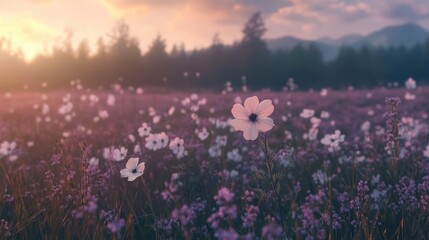 Naklejka premium Malva moschata blooming in a vibrant wildflower meadow during sunset with soft focus and natural landscape background.