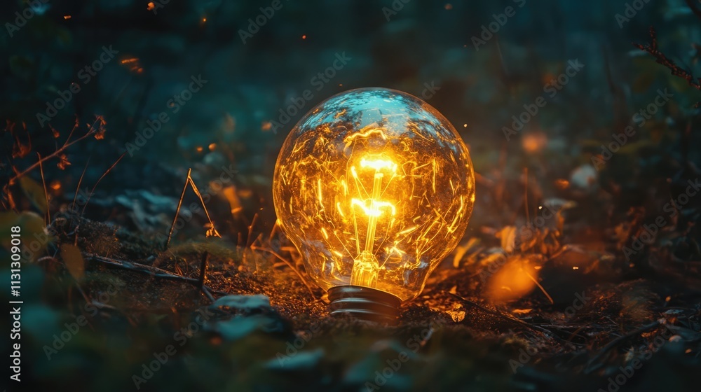 Poster illuminated vintage light bulb resting on forest floor surrounded by nature creating a warm and ench