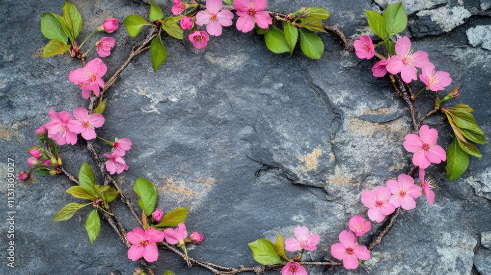 Poster floral wreath of pink sakura flowers and green leaves on a textured gray background with empty space