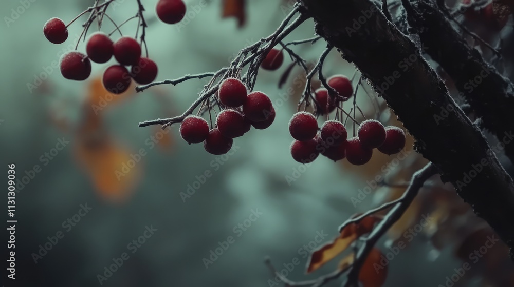 Poster crab apple berries clustered on branches against a blurred atmospheric backdrop in a serene nature s