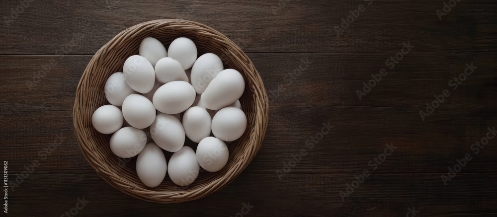 Poster white chicken eggs in a circular wooden basket on a dark wooden table with empty space for seasonal 