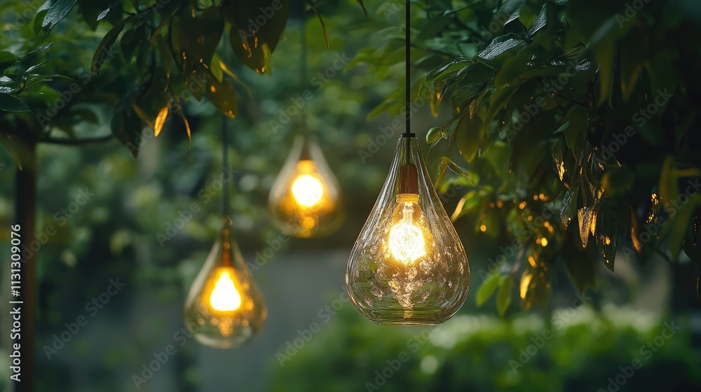Poster hanging glass light bulbs suspended from tree branches in a lush garden setting on a rainy day creat