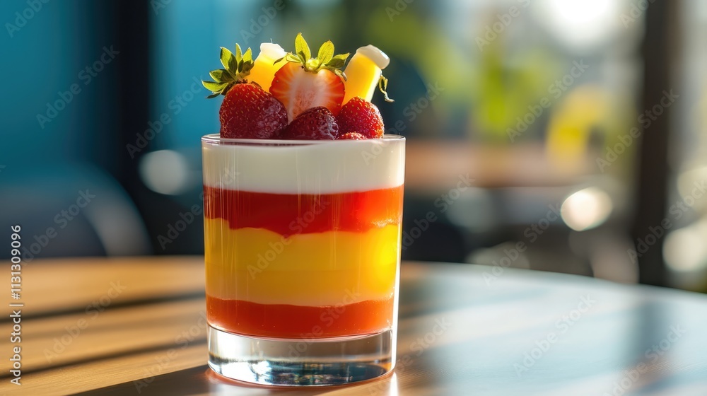 Aufkleber layered jelly dessert with fresh strawberries and colorful fruit layers served in a glass on a woode