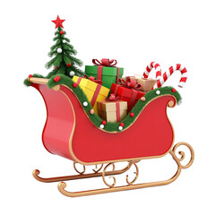 Naklejka premium Festive Red Christmas Sleigh with Gifts, Candy Canes, and a Tree, 3D Render on White Background