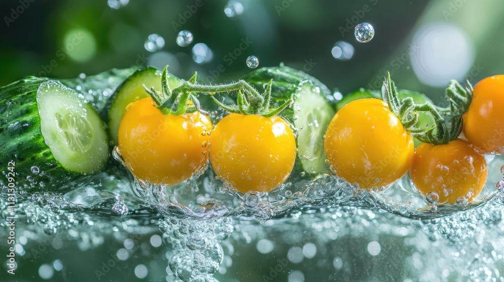 Poster fresh cucumbers and vibrant yellow tomatoes splashing in water showcasing healthy vegetables in a re
