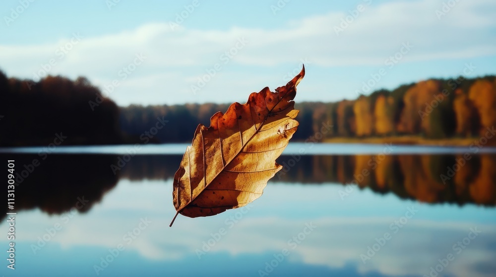 Aufkleber golden autumn leaf floating above still water with reflections of trees and a serene lake view in a 