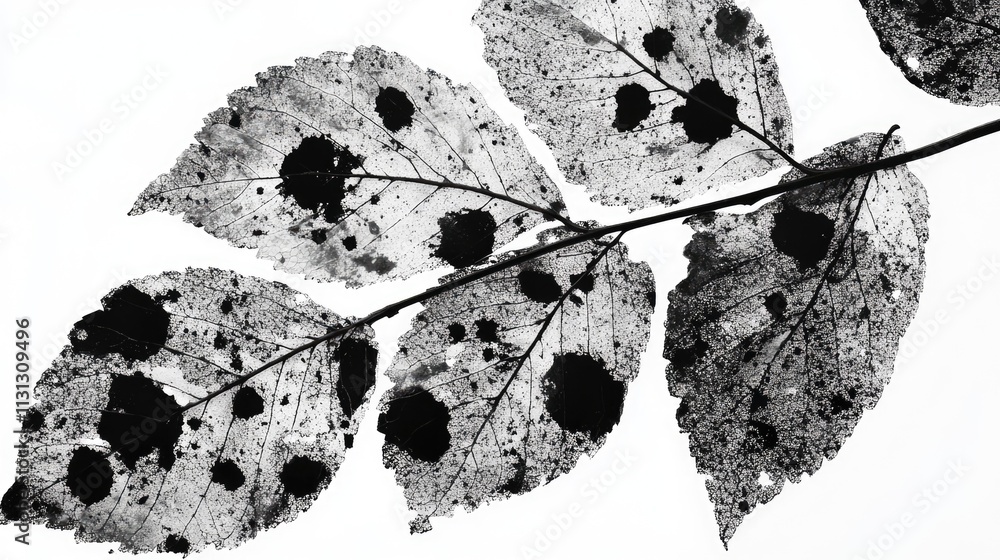 Aufkleber leaves with black spots showcasing texture and contrast on a white background emphasizing natural de