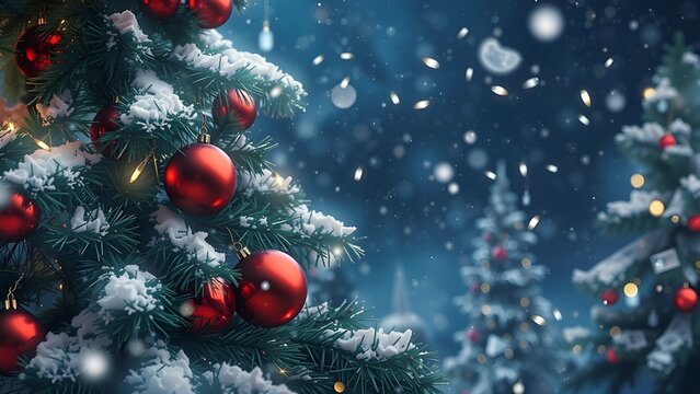 Red balls decoration and green Christmas tree on dark blue snowy snine background. Winter template, banner concept for Christmas, New Year and sale season. Web card and backdrop with space for text