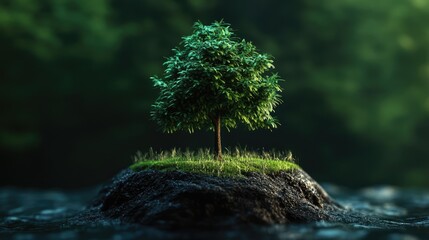 Sustainable investment concept featuring a vibrant tree on a small island symbolizing environmental responsibility and growth.