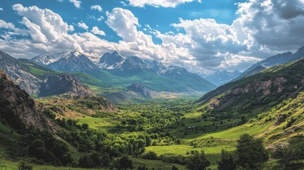 Obraz premium Breathtaking panoramic view of a lush green valley surrounded by majestic mountains under a dramatic sky with clouds and sunshine