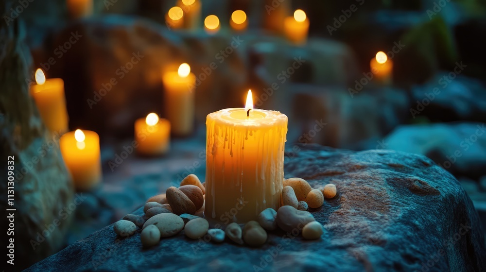 Aufkleber candles glowing softly on rocks creating a serene atmosphere in a tranquil natural setting