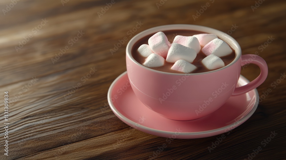Poster cozy cup of hot chocolate topped with fluffy marshmallows on a rustic wooden table setting