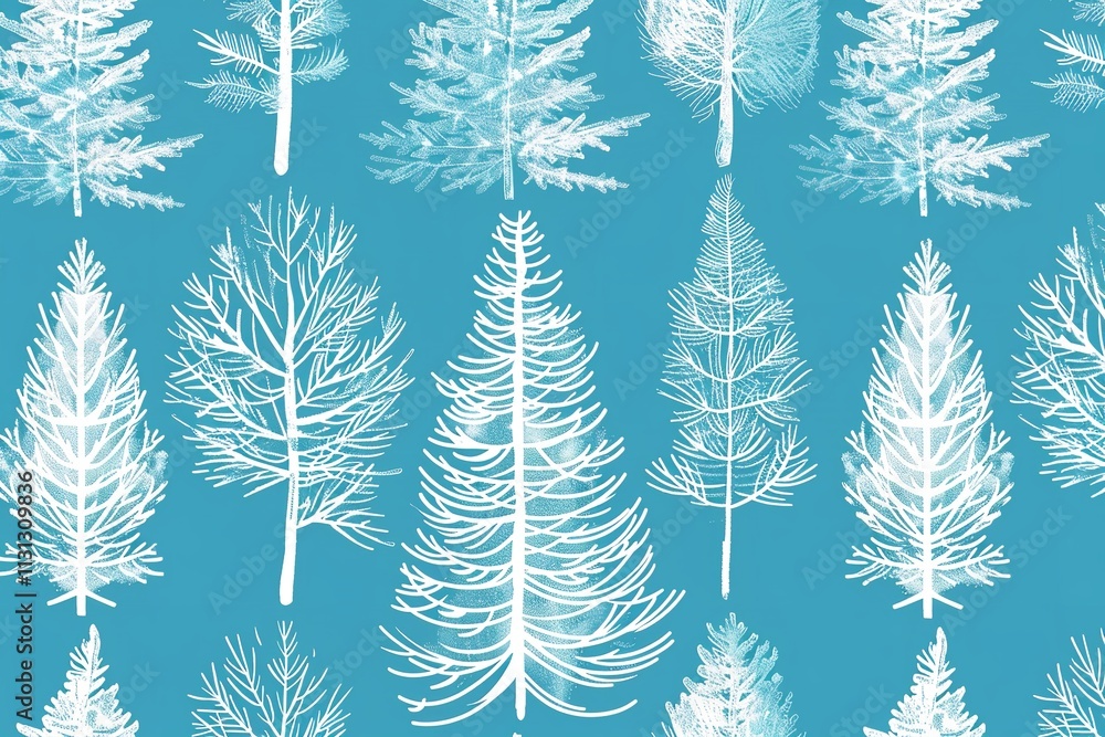 Poster for festivities décor and a festive vibe, deploy a seamless pattern of hand-drawn line pine trees sn
