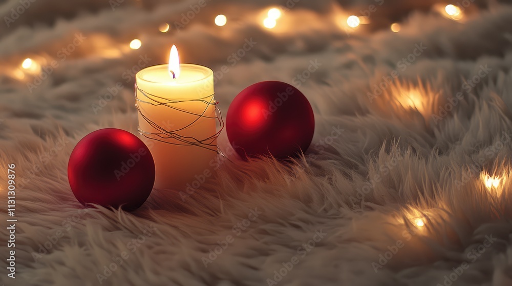 Poster cozy holiday scene featuring illuminated string lights, a lit candle, and red ornaments on soft whit