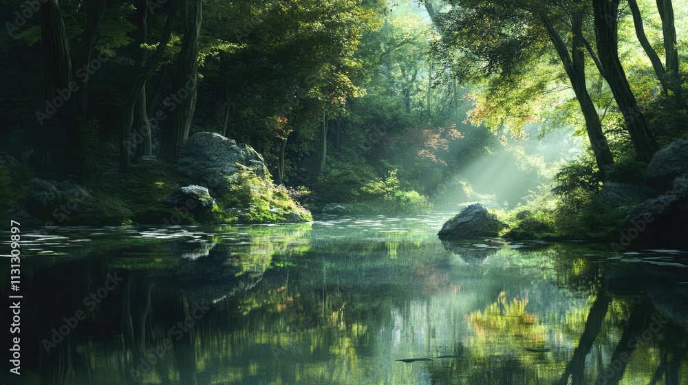 Poster tranquil forest scene with serene water reflections and dappled sunlight filtering through lush gree
