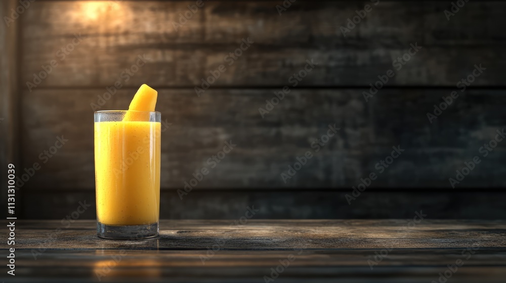 Aufkleber refreshing mango smoothie served in a glass on a rustic dark wooden table with selective focus highl
