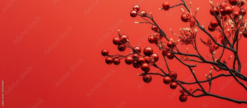 Poster decorative branch with red berries and ornaments on a bold red background creating a festive and vib