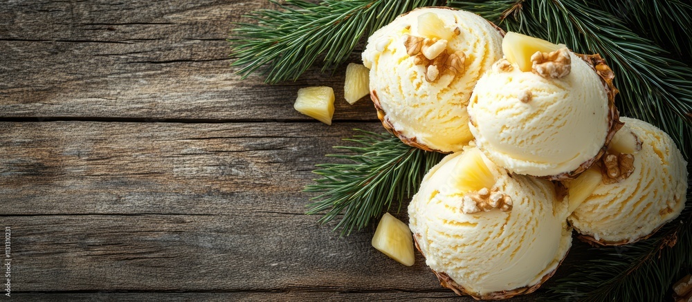 Poster Pineapple and pine nut ice cream scoops garnished with fresh pineapple on a rustic wooden background with fir tree branches