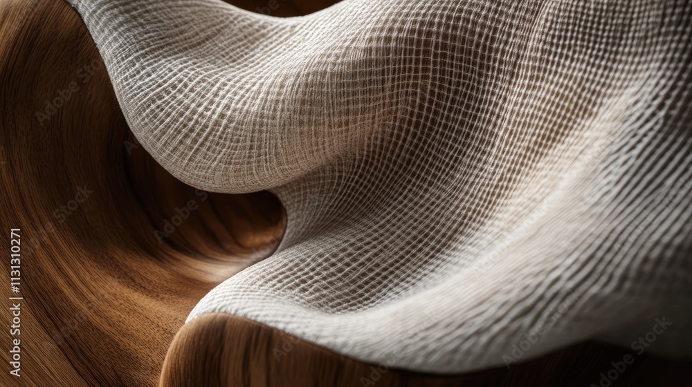 Poster textured fabric draped over smooth wood surface highlighting the contrast between soft textiles and 