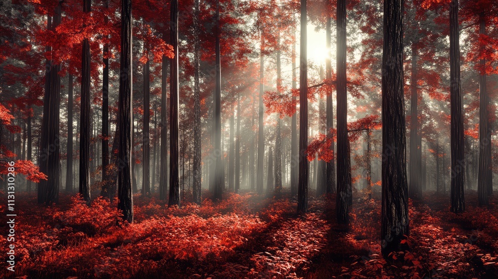 Poster Autumn forest with vibrant red leaves and sunlight filtering through tall trees creating a serene and enchanting atmosphere