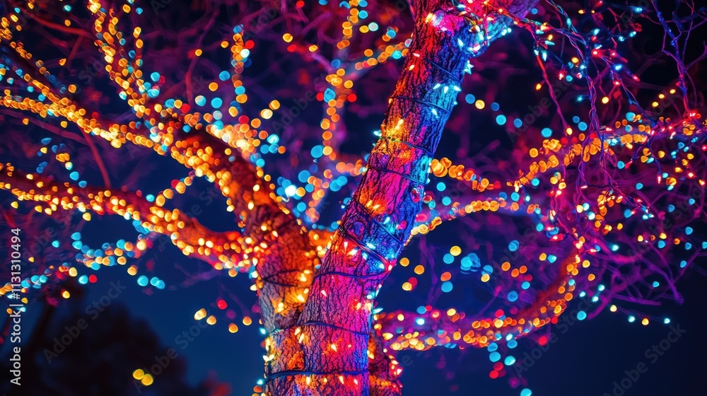 Poster colorful illuminated tree adorned with vibrant lights creating a festive atmosphere for new year cel