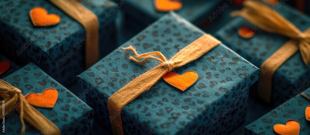 Poster romantic gift boxes adorned with hearts and handmade paper on dark toned background perfect for expr