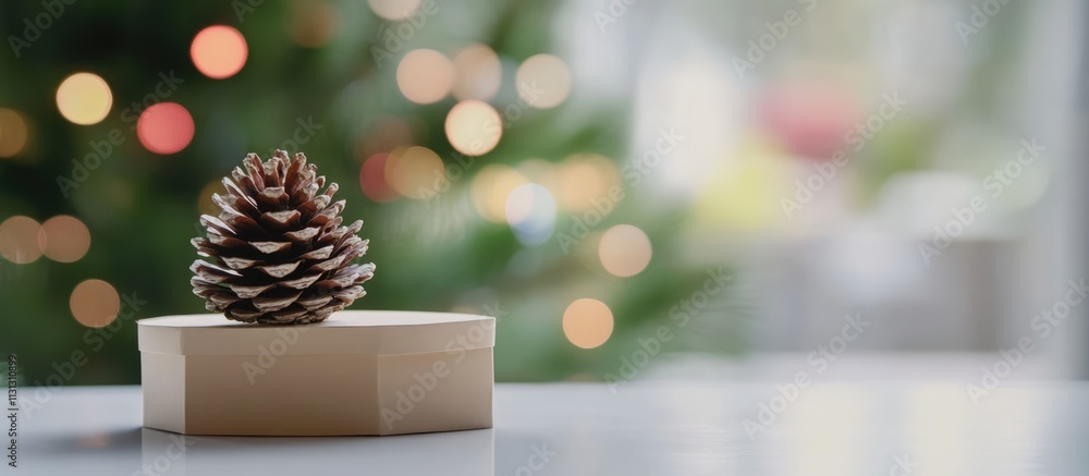 Poster festive gift boxes and pine cone on a white table with blurred colorful bokeh backdrop creating a wa