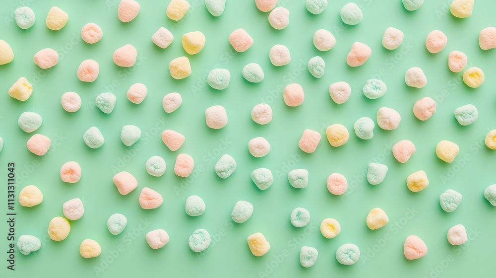 Poster colorful mini marshmallows scattered on a mint green background creating a playful flat lay texture 