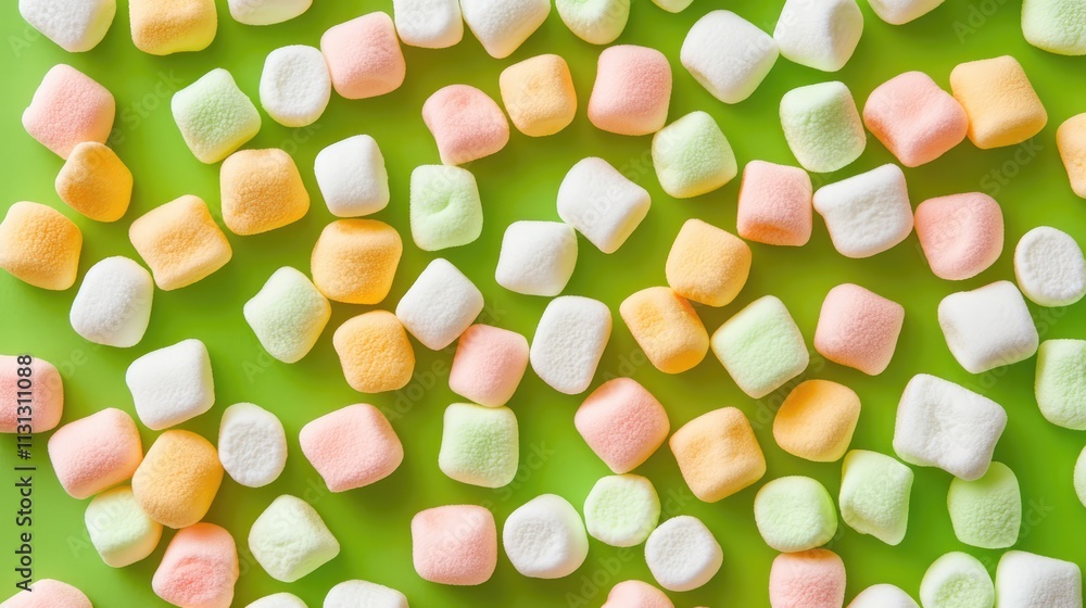 Poster Colorful mini marshmallows spread on a vibrant green background creating a delightful texture ideal for sweet-themed designs or desserts