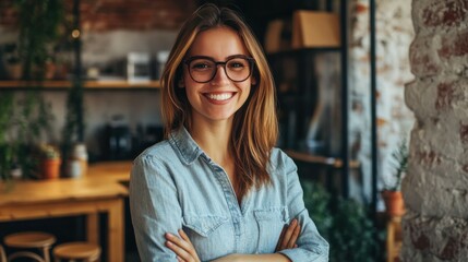 Fototapeta premium Photo of adorable positive lady broker wear shirt eyeglasses smiling indoors workplace workshop