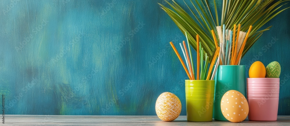 Poster decorative easter still life with colorful sticks and eggs in a classroom setting enhancing festive 