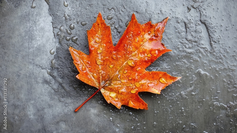 Poster vibrant autumn leaf adorned with water droplets resting on a textured stone surface capturing the be
