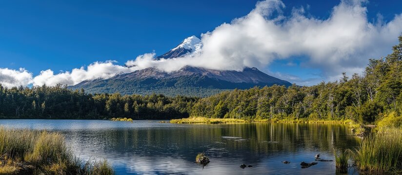 Lanin Volcano Surrounded by Clouds Clear Summit and Ice Glaciers Reflected in Calm Lake at National Park Scene