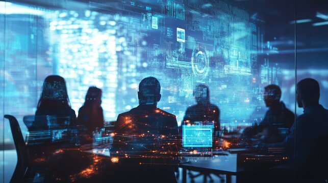 Multinational team collaborating in a modern office with digital transformation visuals on a screen emphasizing business and technology integration