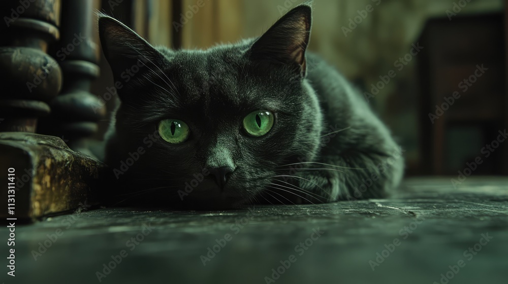 Poster gray cat with striking green eyes resting on a rustic table in a cozy indoor setting